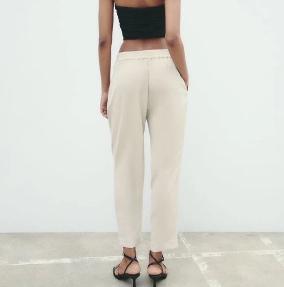 Zara High Waisted Beige Drawstring Pajama Style Ankle Pants XS - Picture 6 of 15